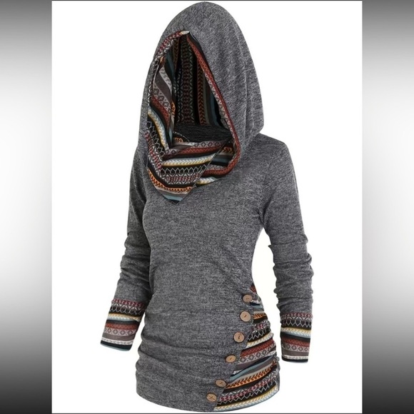 Stripe Splicing Button Long Sleeve Lightweight Hoodie - Picture 2 of 5